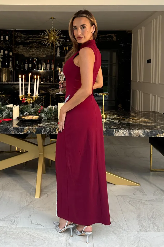Thalia High Neck Maxi With Crystal Split Detail Wine Women Girl In Mind Maxi Dresses