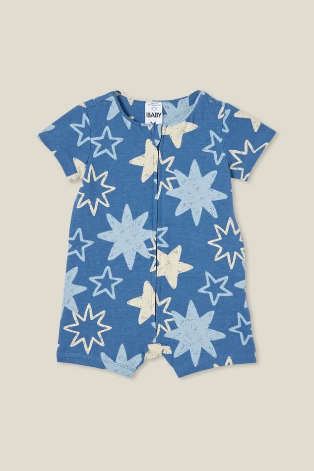 The Billie Short Sleeve Zip Romper Petty Bluesketchy Stars Baby Cotton On Rompers and Bubbysuits The Billie Short Sleeve Zip Romper Petty Bluesketchy Stars Baby Cotton On Rompers and Bubbysuits