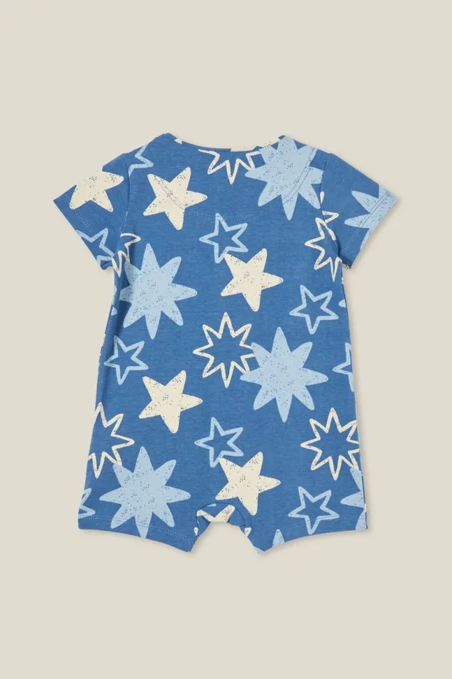 The Billie Short Sleeve Zip Romper Petty Bluesketchy Stars Baby Cotton On Rompers and Bubbysuits