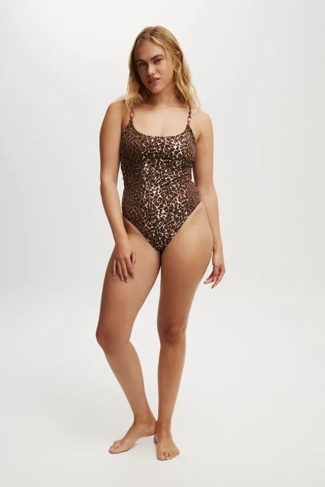 Thin Strap Low Scoop One Piece Cheeky Textured Leopard Women Cotton On One Piece Swimsuits