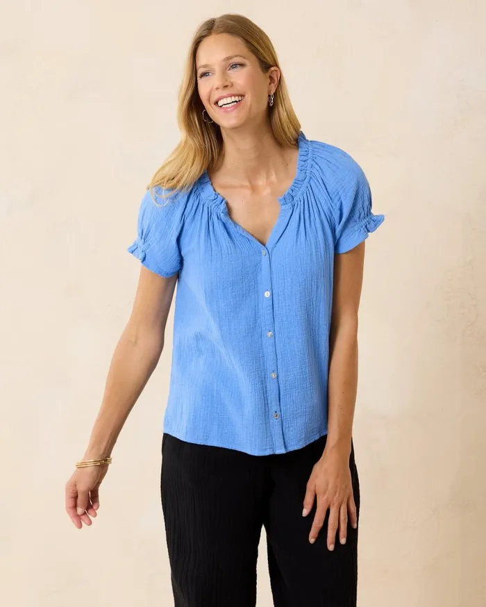 Tommy Bahama Island Gauze Daybreak Hibiscus ShortSleeve Top Blue Vault Women Tops and Shirts Tommy Bahama Island Gauze Daybreak Hibiscus ShortSleeve Top Blue Vault Women Tops and Shirts
