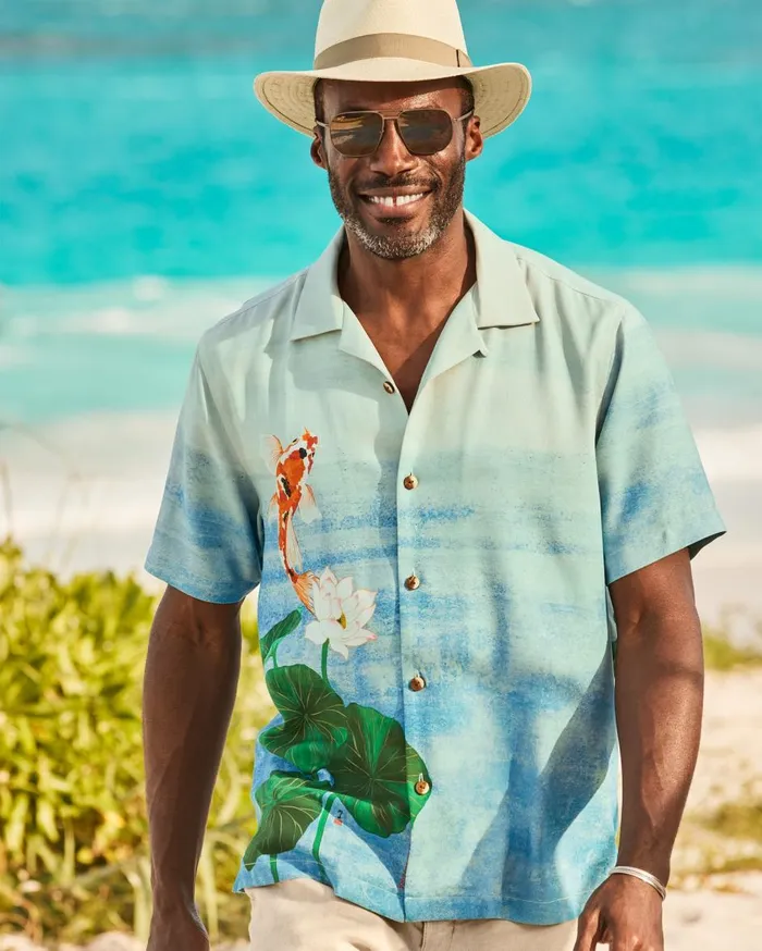 Tommy Bahama Kayo Koi Silk Camp Shirt Arroyo Blue Men Shirts