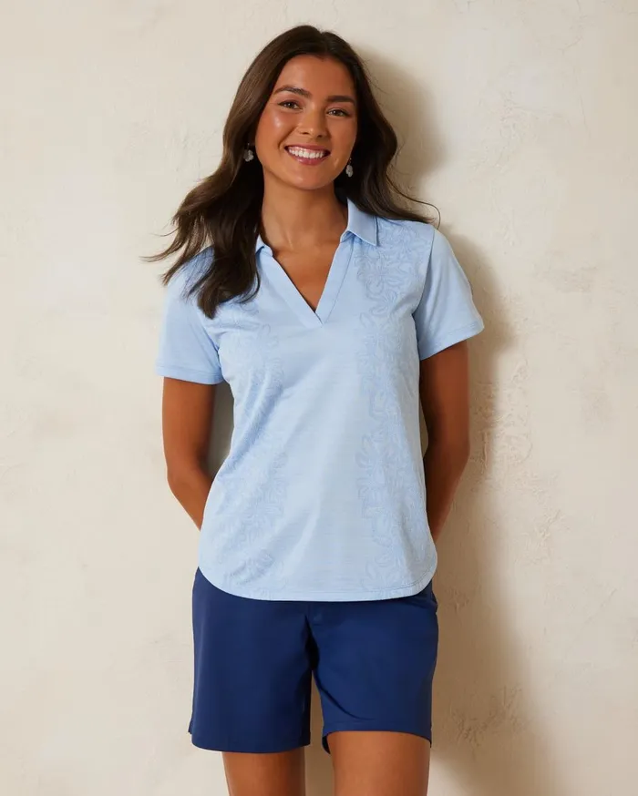 Tommy Bahama Palm Coast Floral Engineered IslandZone Polo Light Sky Women Tops and Shirts Tommy Bahama Palm Coast Floral Engineered IslandZone Polo Light Sky Women Tops and Shirts