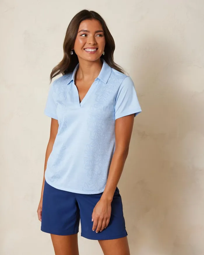 Tommy Bahama Palm Coast Floral Engineered IslandZone Polo Light Sky Women Tops and Shirts Tommy Bahama Palm Coast Floral Engineered IslandZone Polo Light Sky Women Tops and Shirts
