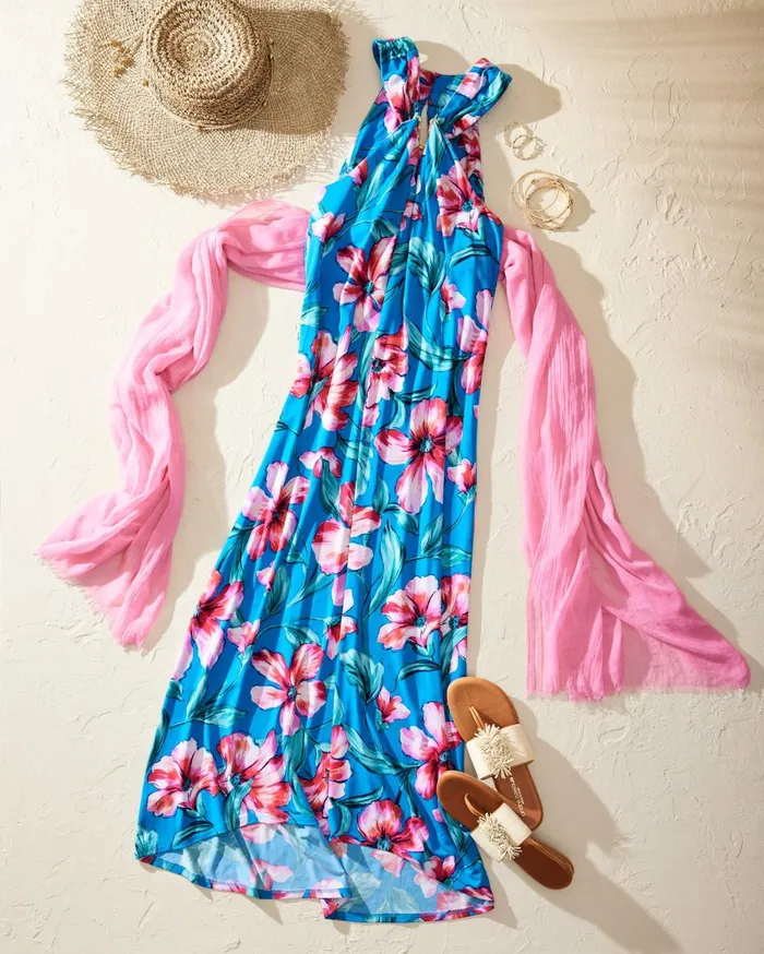 Tommy Bahama St Barts Blossom Halter Maxi Dress Pacific Cyan Women Dresses Tommy Bahama St Barts Blossom Halter Maxi Dress Pacific Cyan Women Dresses