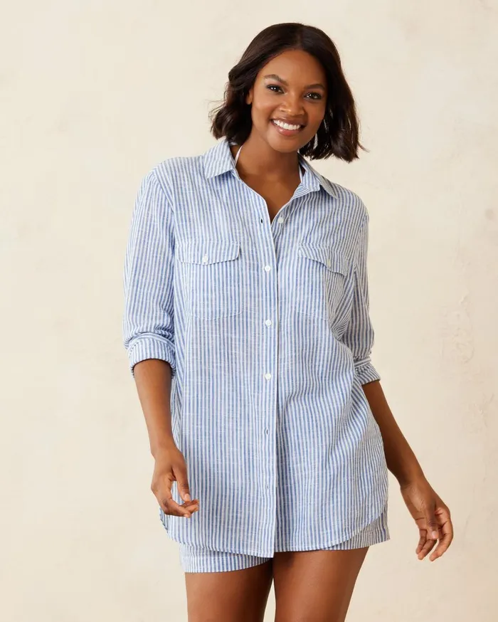 Tommy Bahama Tropical Oasis Boyfriend Beach Shirt White Women Coverups