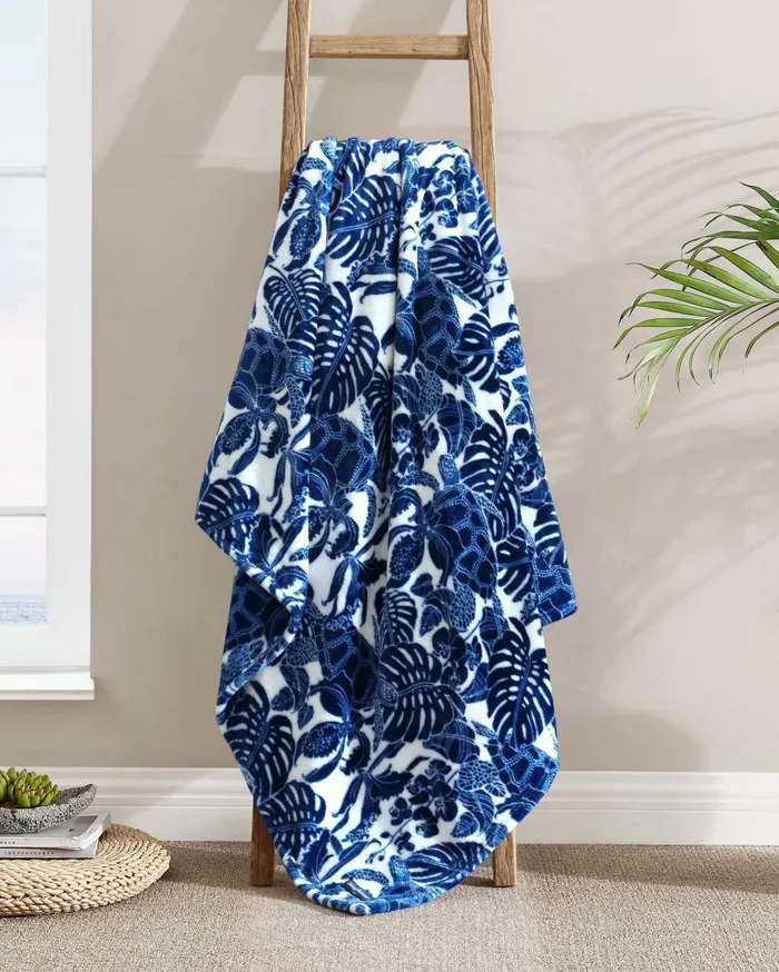 Tommy Bahama Turtle Bay Reversible Fleece Throw Deep Blue Beach and Home Bedding
