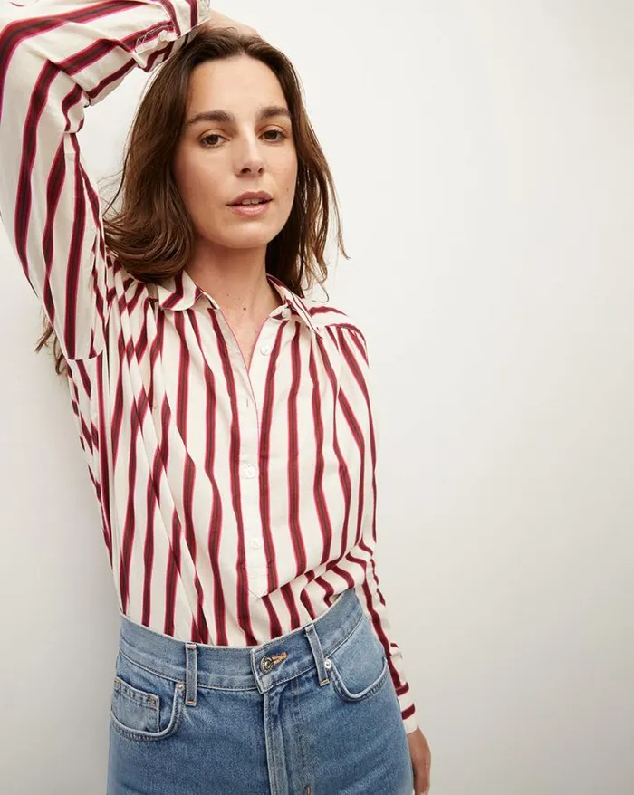 Tops and Tees Shop Veronica Beard Cambrie ButtonDown Striped Shirt Offwhitemaroon