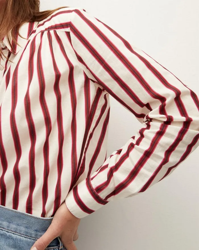 Tops and Tees Shop Veronica Beard Cambrie ButtonDown Striped Shirt Offwhitemaroon