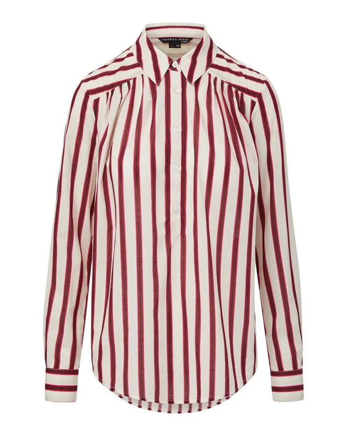 Tops and Tees Shop Veronica Beard Cambrie ButtonDown Striped Shirt Offwhitemaroon