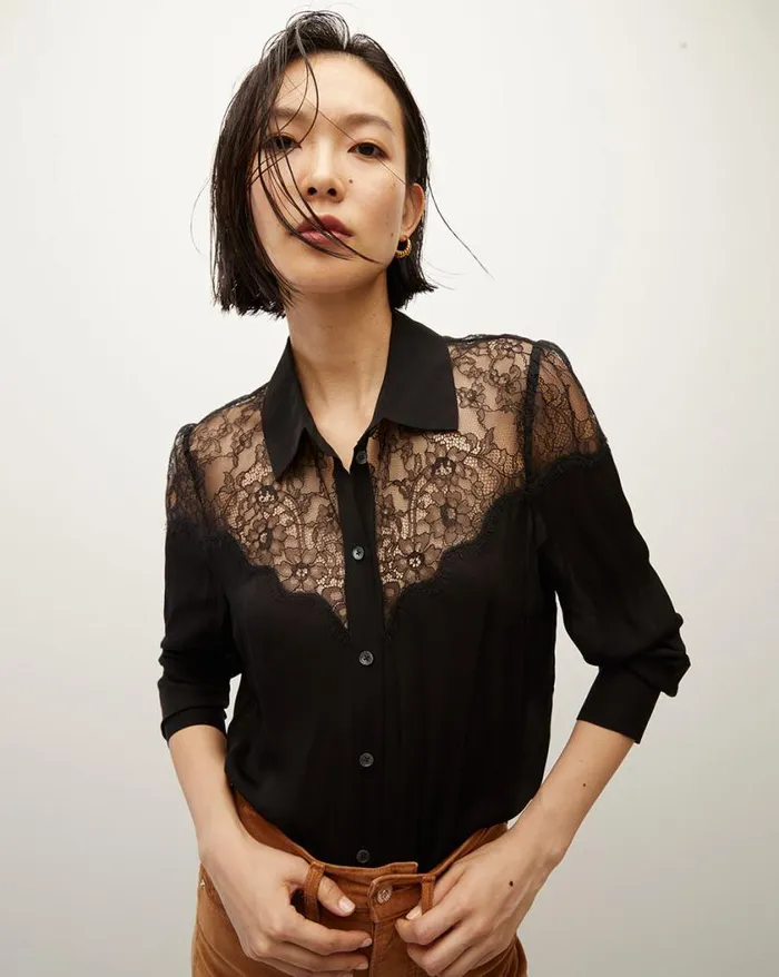 Tops and Tees Shop Veronica Beard Greer Lace ButtonDown Top Black