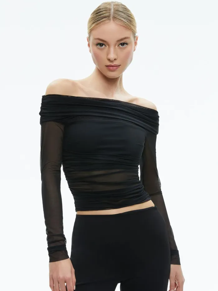 Tops Women Alice Olivia ISADOLA OVER THE SHOULDER RUCHED LONG SLEEVE TOP Black Tops Women Alice Olivia ISADOLA OVER THE SHOULDER RUCHED LONG SLEEVE TOP Black