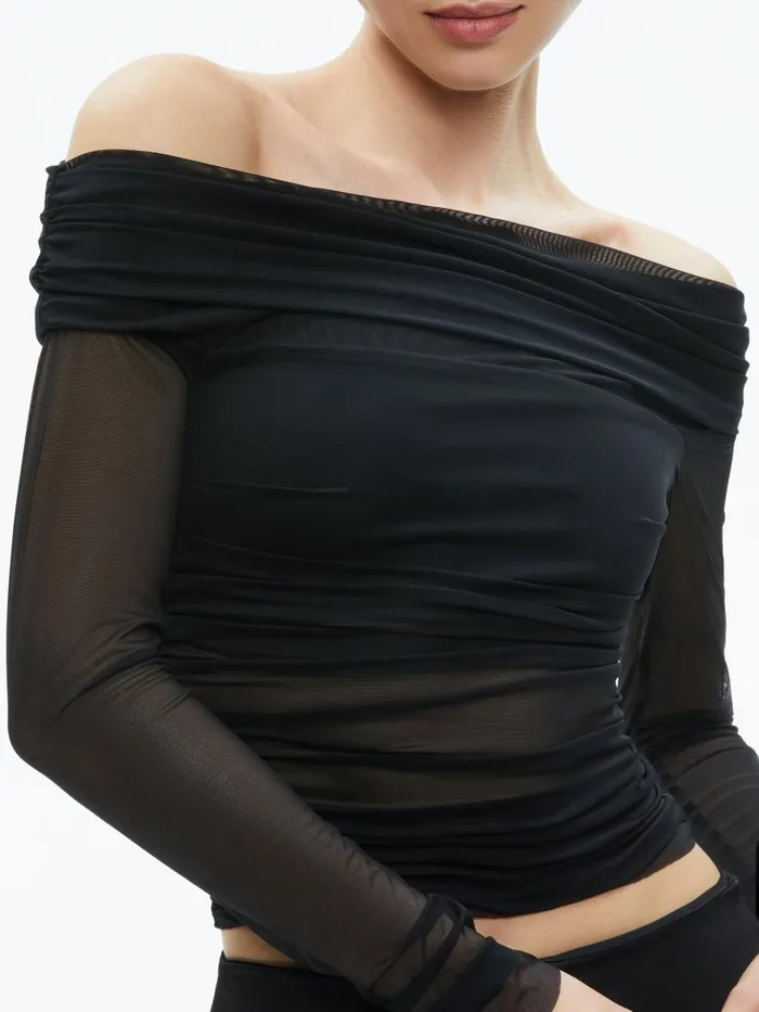 Tops Women Alice Olivia ISADOLA OVER THE SHOULDER RUCHED LONG SLEEVE TOP Black