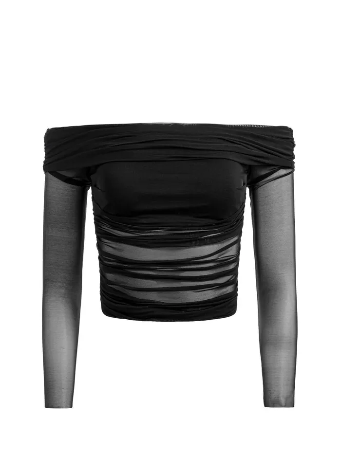 Tops Women Alice Olivia ISADOLA OVER THE SHOULDER RUCHED LONG SLEEVE TOP Black