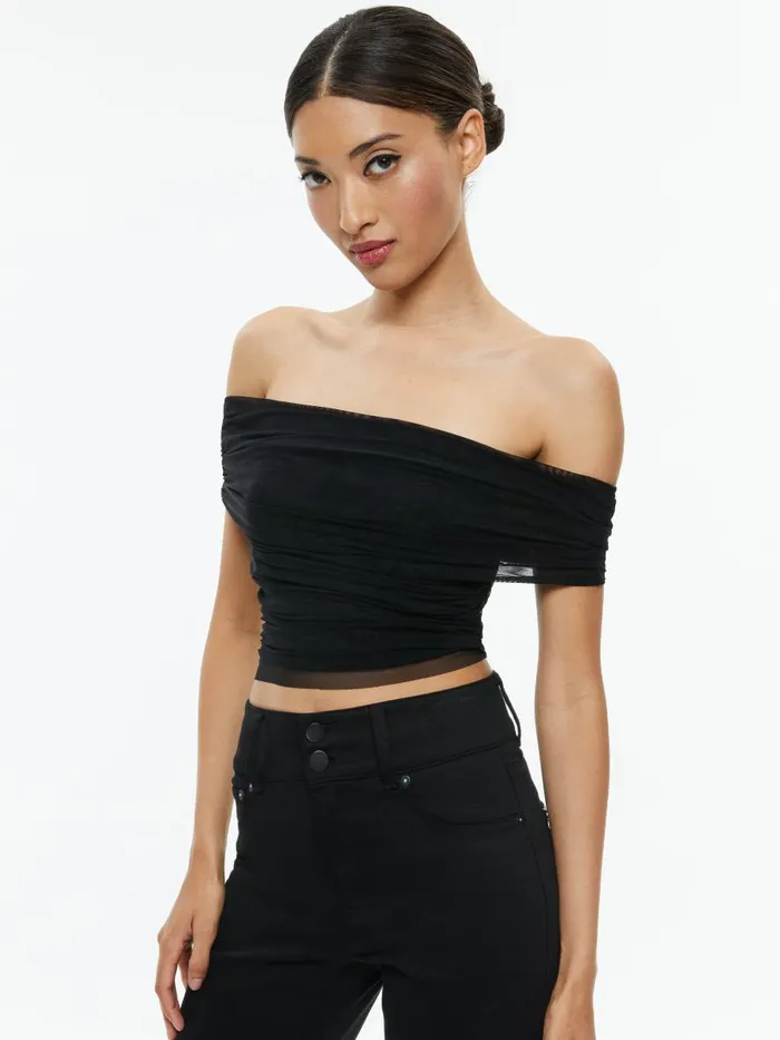 Tops Women Alice Olivia ISADOLA OVER THE SHOULDER RUCHED TOP Black