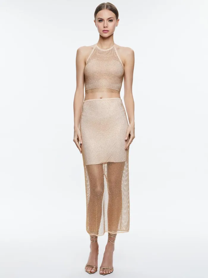 Tops Women Alice Olivia JAYMEE EMBELLISHED TIE NECK CROPPED HALTER TOP Almondgold