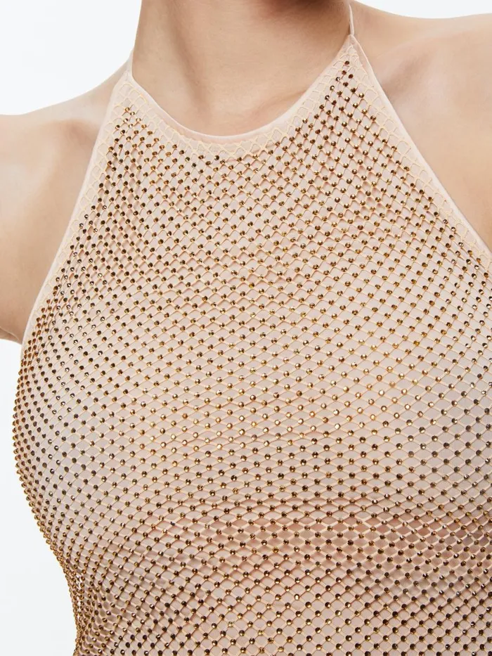 Tops Women Alice Olivia JAYMEE EMBELLISHED TIE NECK CROPPED HALTER TOP Almondgold