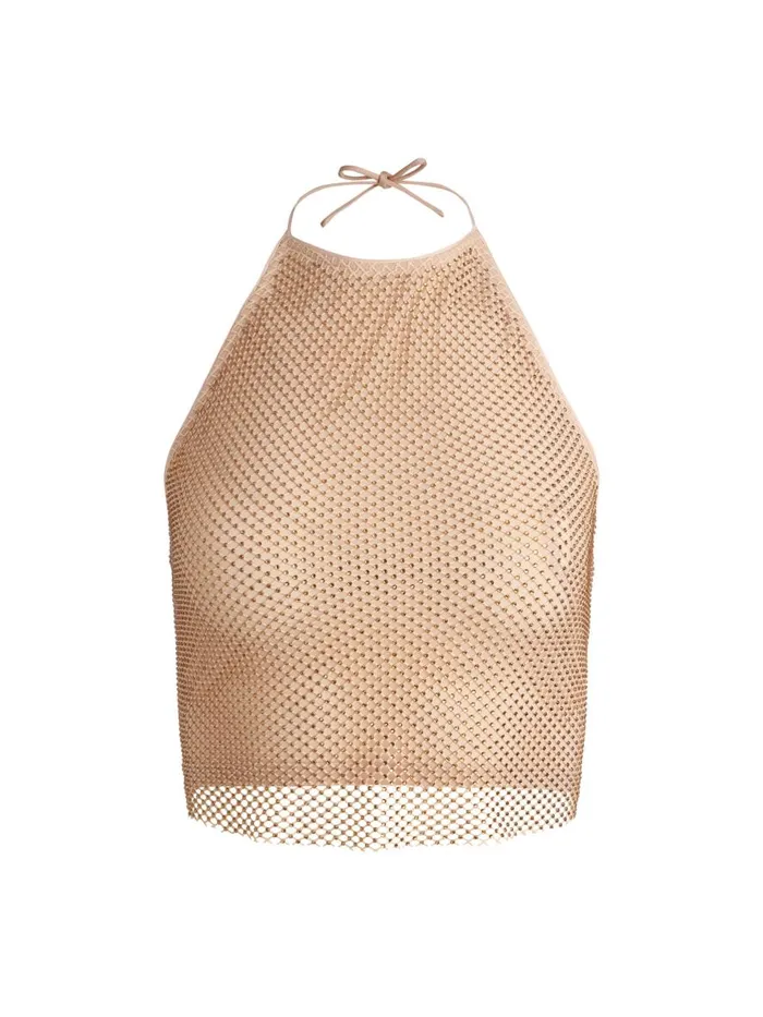 Tops Women Alice Olivia JAYMEE EMBELLISHED TIE NECK CROPPED HALTER TOP Almondgold