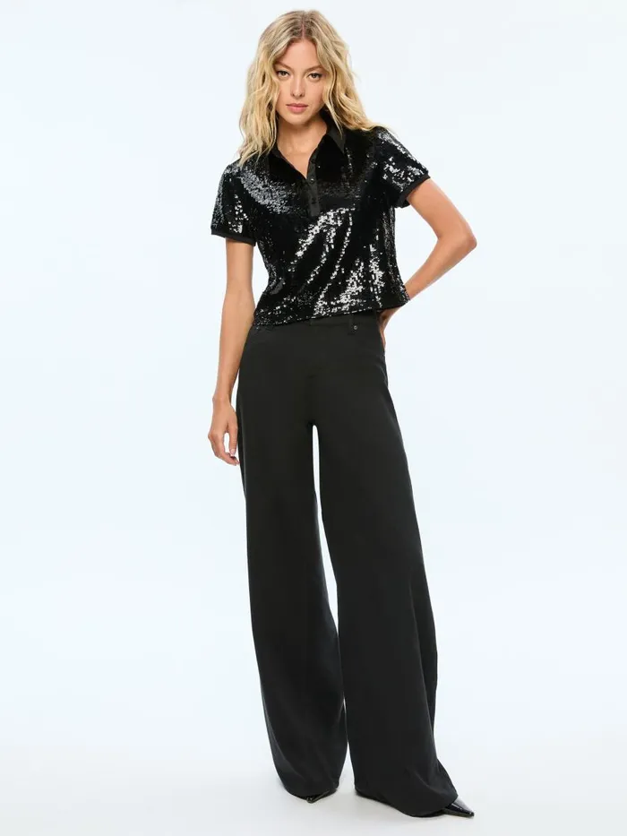 Tops Women Alice Olivia KIT SEQUIN FITTED POLO SHIRT Black