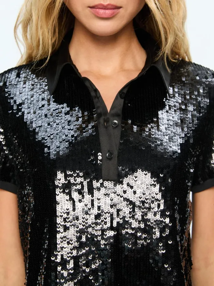 Tops Women Alice Olivia KIT SEQUIN FITTED POLO SHIRT Black