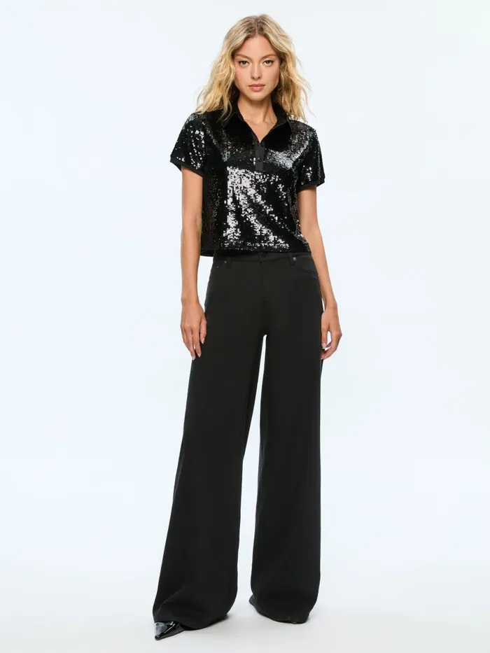 Tops Women Alice Olivia KIT SEQUIN FITTED POLO SHIRT Black