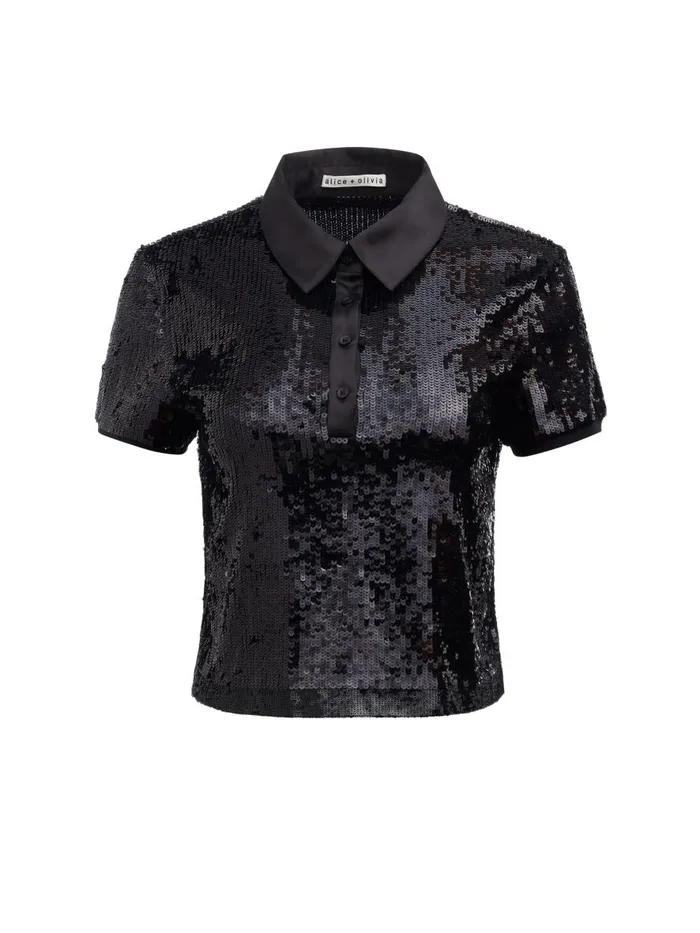 Tops Women Alice Olivia KIT SEQUIN FITTED POLO SHIRT Black