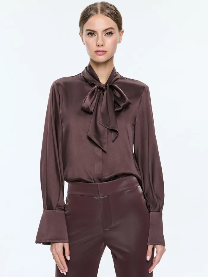 Tops Women Alice Olivia LLOYD SLIT SLEEVE BUTTON DOWN BLOUSE Espresso
