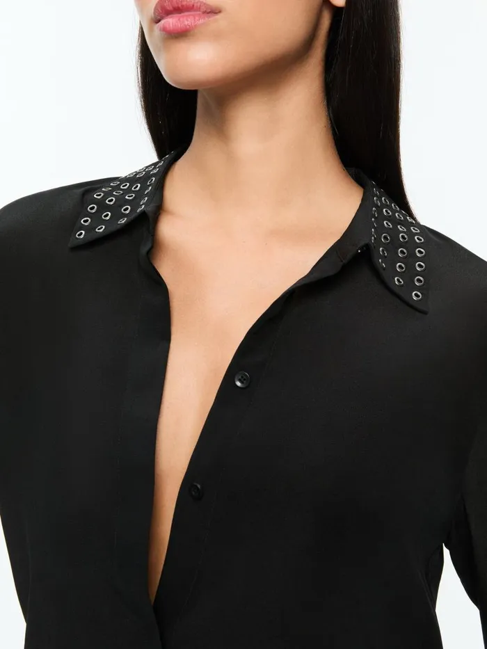 Tops Women Alice Olivia WILLA OVERSIZED BUTTON DOWN WITH GROMMET DETAIL Black