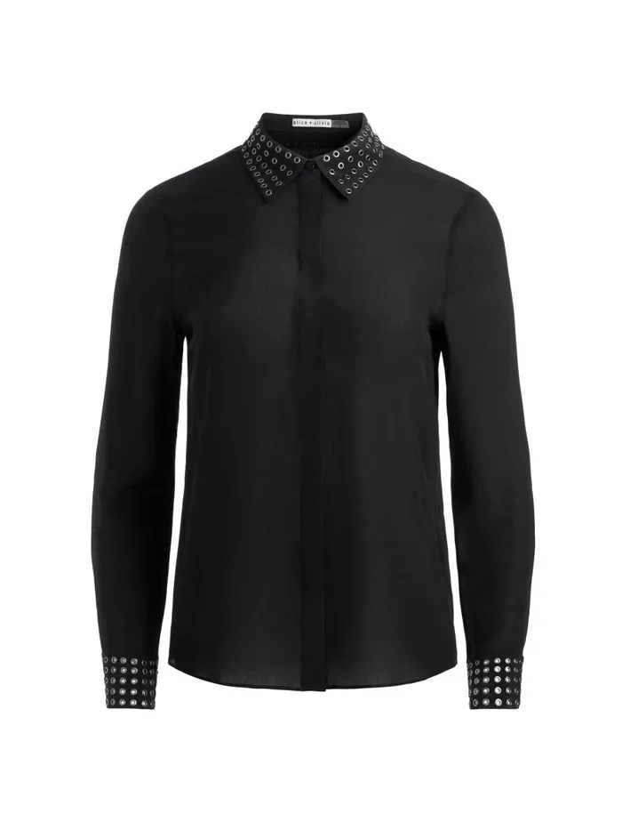 Tops Women Alice Olivia WILLA OVERSIZED BUTTON DOWN WITH GROMMET DETAIL Black