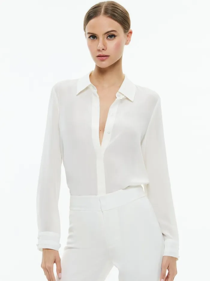 Tops Women Alice Olivia WILLA RELAXED PLACKET TOP WITH PIPING DETAIL Off White Tops Women Alice Olivia WILLA RELAXED PLACKET TOP WITH PIPING DETAIL Off White