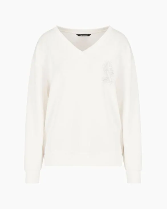 Vneck Sweatshirt With Rhinestone Logo White Women Armani Matching Sets