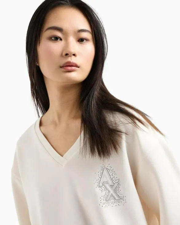 Vneck Sweatshirt With Rhinestone Logo White Women Armani Matching Sets Vneck Sweatshirt With Rhinestone Logo White Women Armani Matching Sets