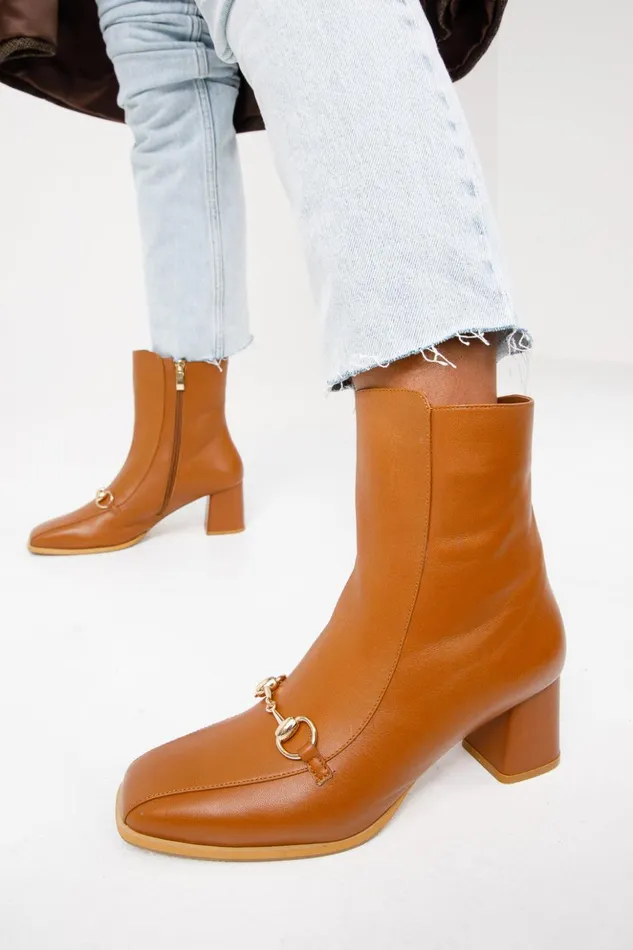 Vinci Leather Boots and Booties The Bukres Tan Leather Block Heel Mid Calf Boot 8211 Women