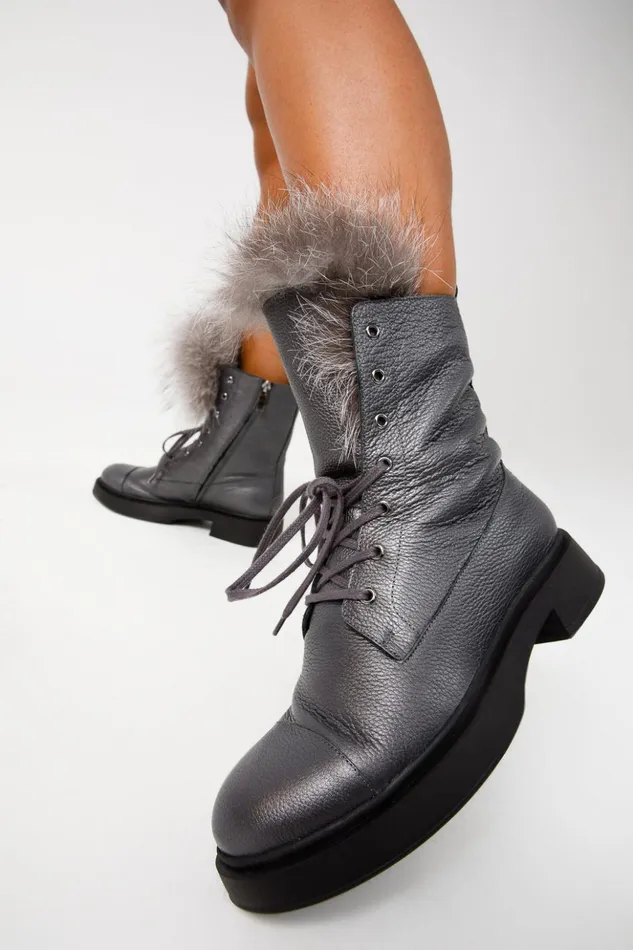 Vinci Leather Boots and Booties The Kajapati Grey Leather Natural Fur Mid Calf Boot 8211 Women