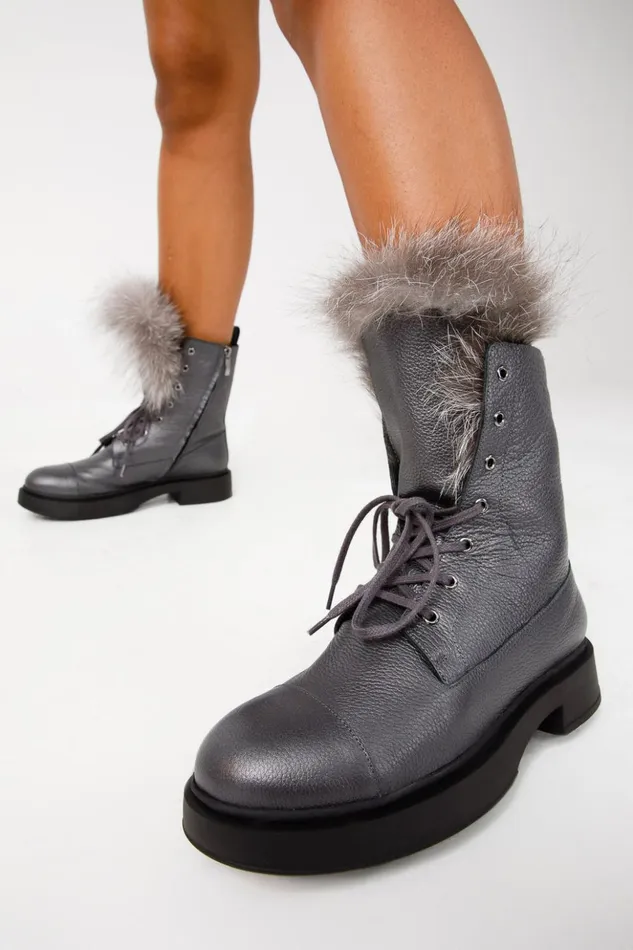 Vinci Leather Boots and Booties The Kajapati Grey Leather Natural Fur Mid Calf Boot 8211 Women