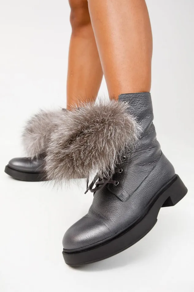 Vinci Leather Boots and Booties The Kajapati Grey Leather Natural Fur Mid Calf Boot 8211 Women