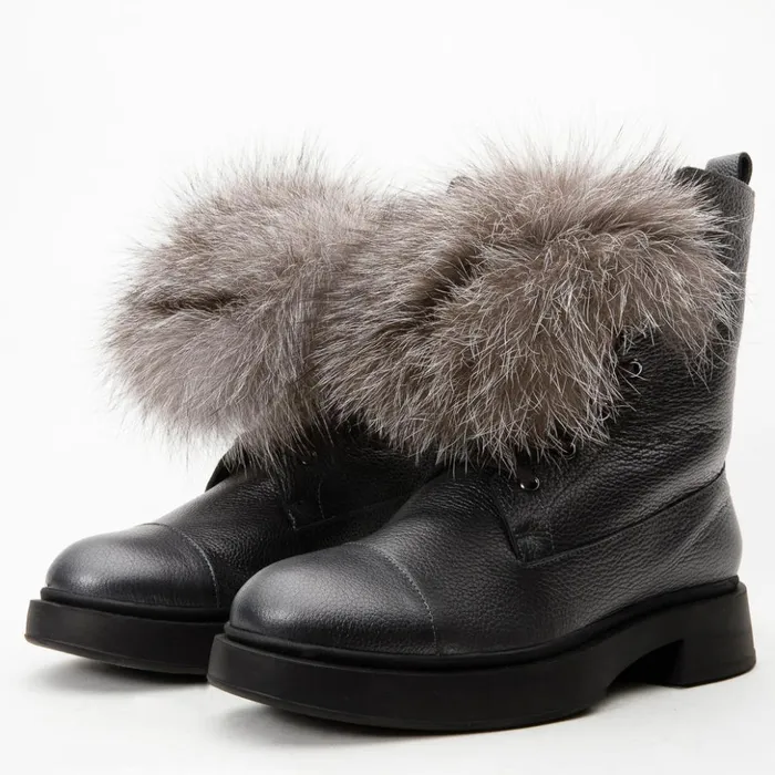 Vinci Leather Boots and Booties The Kajapati Grey Leather Natural Fur Mid Calf Boot 8211 Women