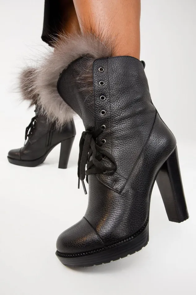 Vinci Leather Boots and Booties The Melo Black Leather Natural Fur Mid Calf Platform Heel Boot 8211 Women