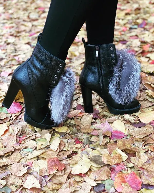 Vinci Leather Boots and Booties The Melo Black Leather Natural Fur Mid Calf Platform Heel Boot 8211 Women