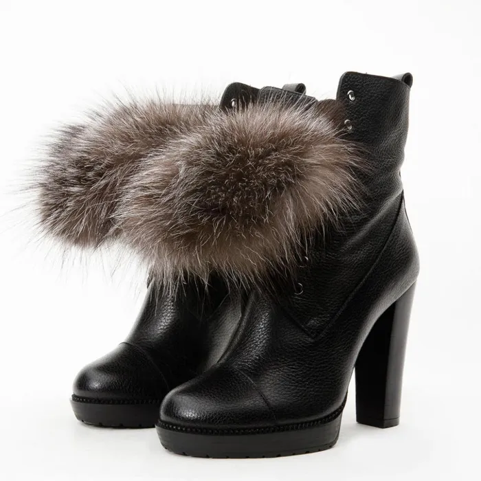 Vinci Leather Boots and Booties The Melo Black Leather Natural Fur Mid Calf Platform Heel Boot 8211 Women