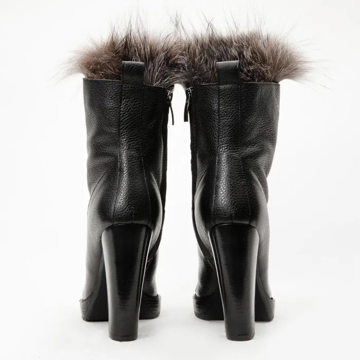Vinci Leather Boots and Booties The Melo Black Leather Natural Fur Mid Calf Platform Heel Boot 8211 Women