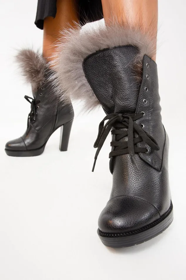 Vinci Leather Boots and Booties The Melo Black Leather Natural Fur Mid Calf Platform Heel Boot 8211 Women