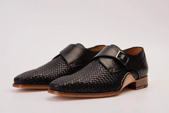 Vinci Leather Dress Shoes The Rolls Woven Black Leather Single Monk Strap Handmade Shoe 8211 Men