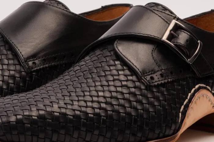 Vinci Leather Dress Shoes The Rolls Woven Black Leather Single Monk Strap Handmade Shoe 8211 Men