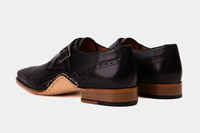 Vinci Leather Dress Shoes The Rolls Woven Black Leather Single Monk Strap Handmade Shoe 8211 Men