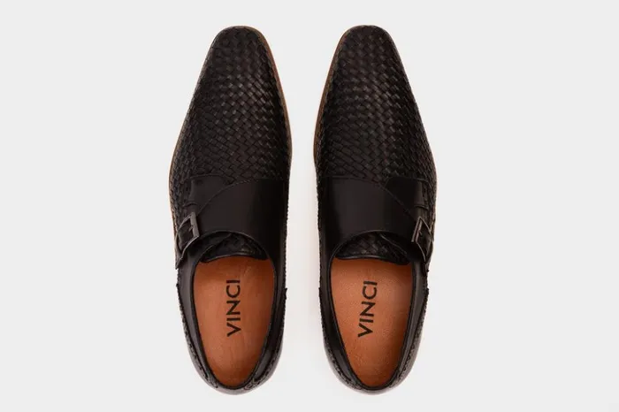 Vinci Leather Dress Shoes The Rolls Woven Black Leather Single Monk Strap Handmade Shoe 8211 Men