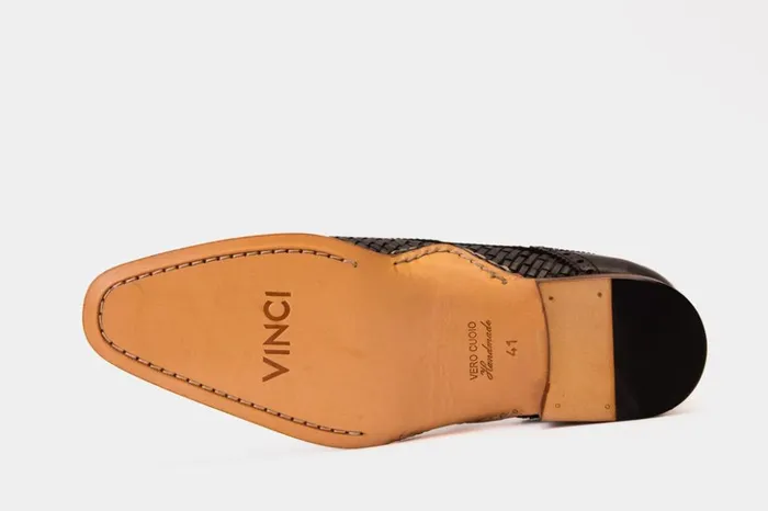 Vinci Leather Dress Shoes The Rolls Woven Black Leather Single Monk Strap Handmade Shoe 8211 Men