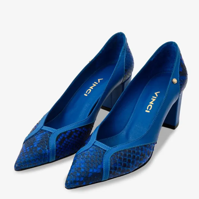 Vinci Leather Heels The Toskana Sax Blue Pythn Leather Block Heel Pump Shoe 8211 Women