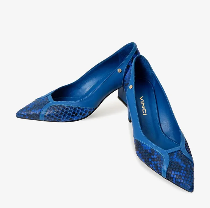 Vinci Leather Heels The Toskana Sax Blue Pythn Leather Block Heel Pump Shoe 8211 Women