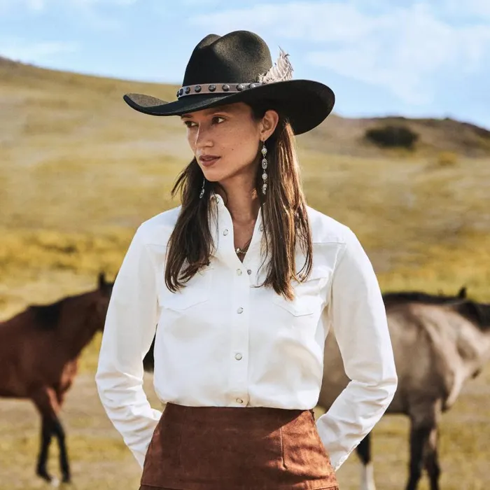 Western Embroidered Denim Shirt White Women Stetson Western Shirts